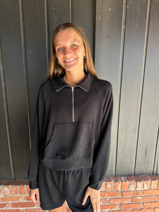 Black Scuba Half Zip-Up High Neck Collar Sweatshirt