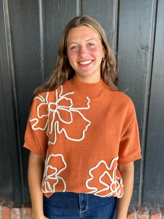 Rust Flower pattern knit sweater top