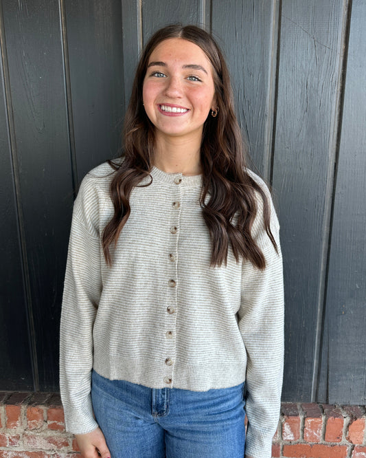 Taupe Striped Button-Up Sweater