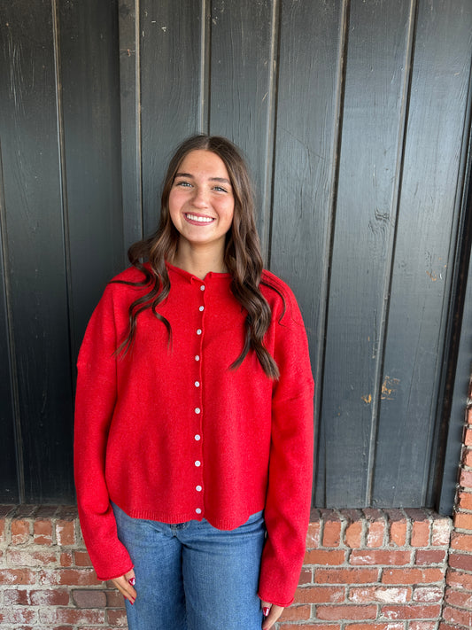 Red Pop Solid Button Down Cardigan