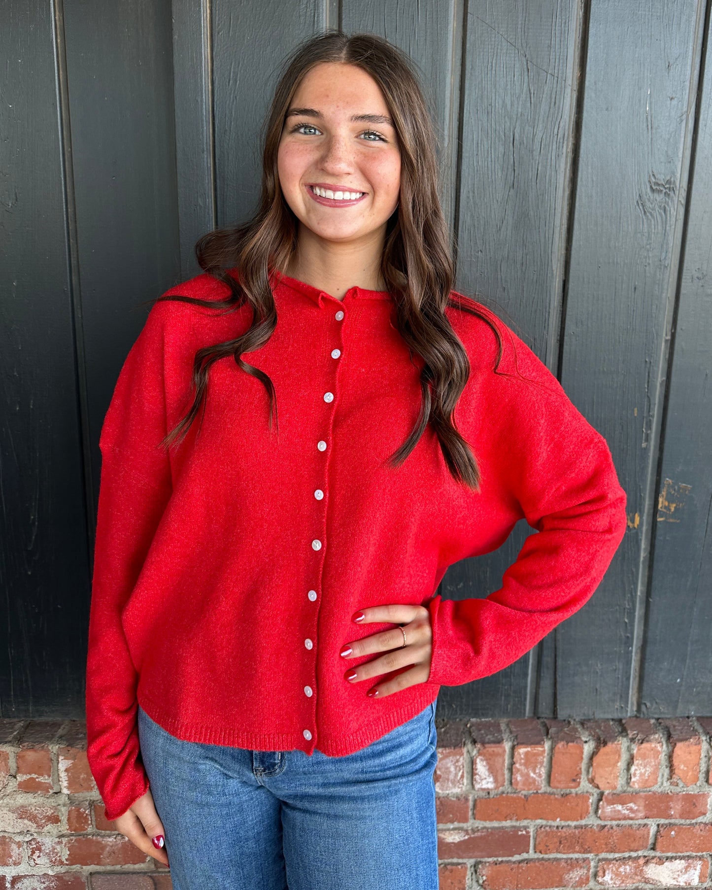 Red Pop Solid Button Down Cardigan