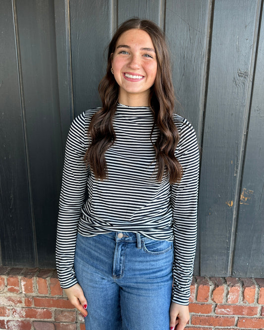 Navy striped mock neck knit top