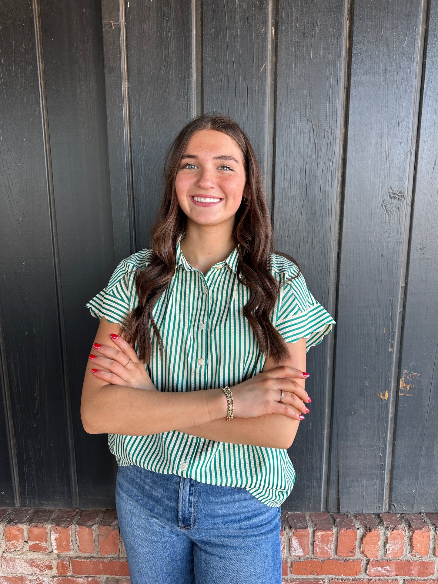 Green Stripe Scallop Sleeve Top