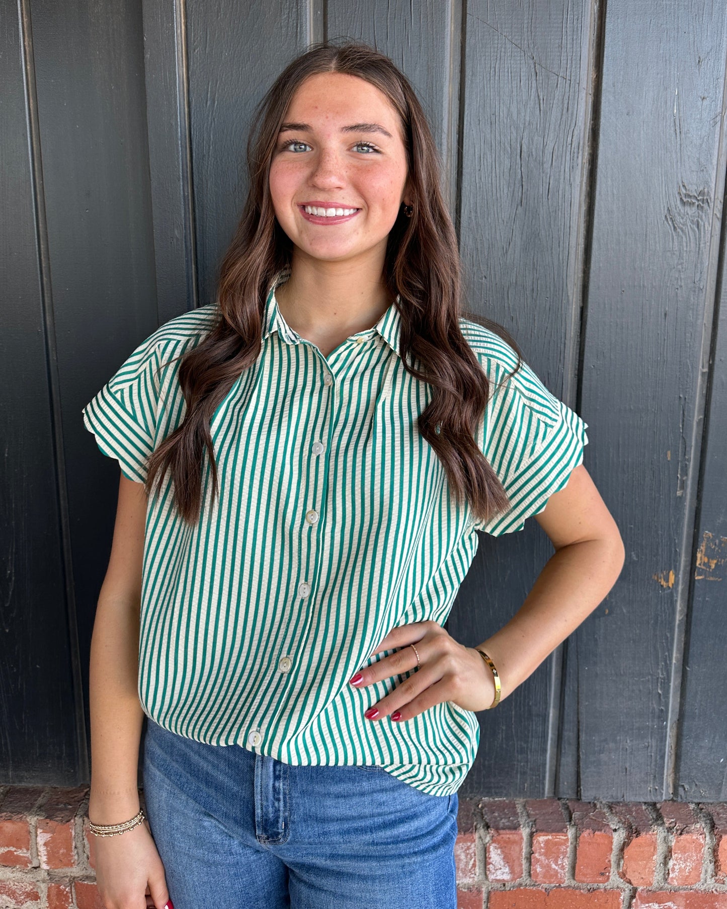 Green Stripe Scallop Sleeve Top