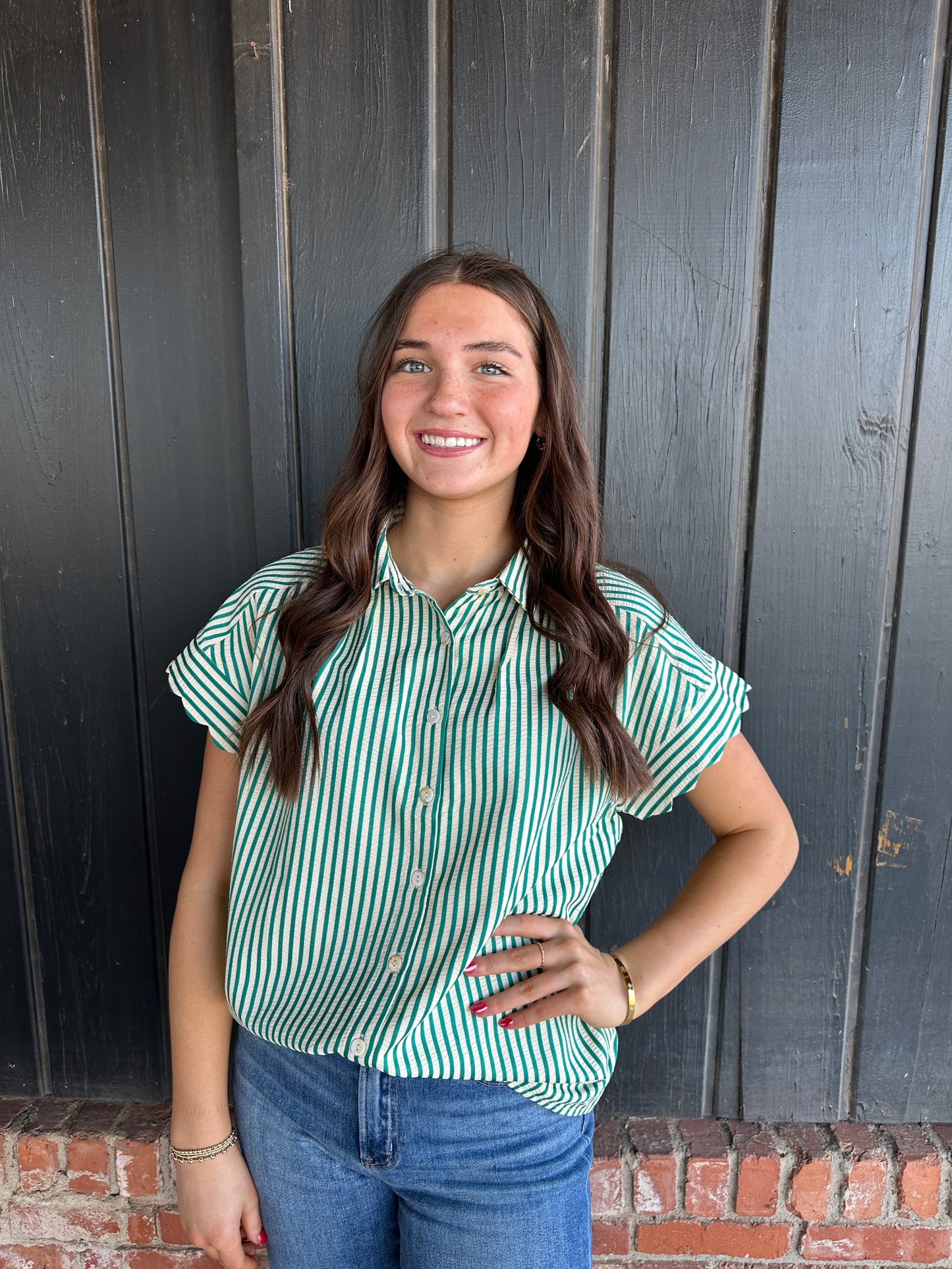 Green Stripe Scallop Sleeve Top
