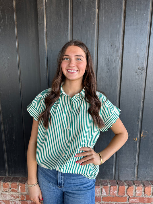 Green Stripe Scallop Sleeve Top