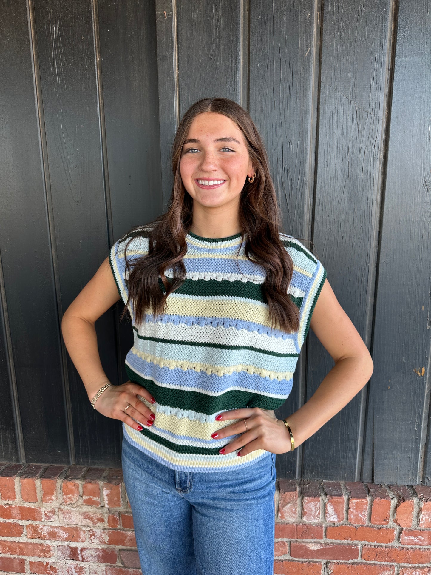 Striped Round Neck Cap Sleeve Sweater