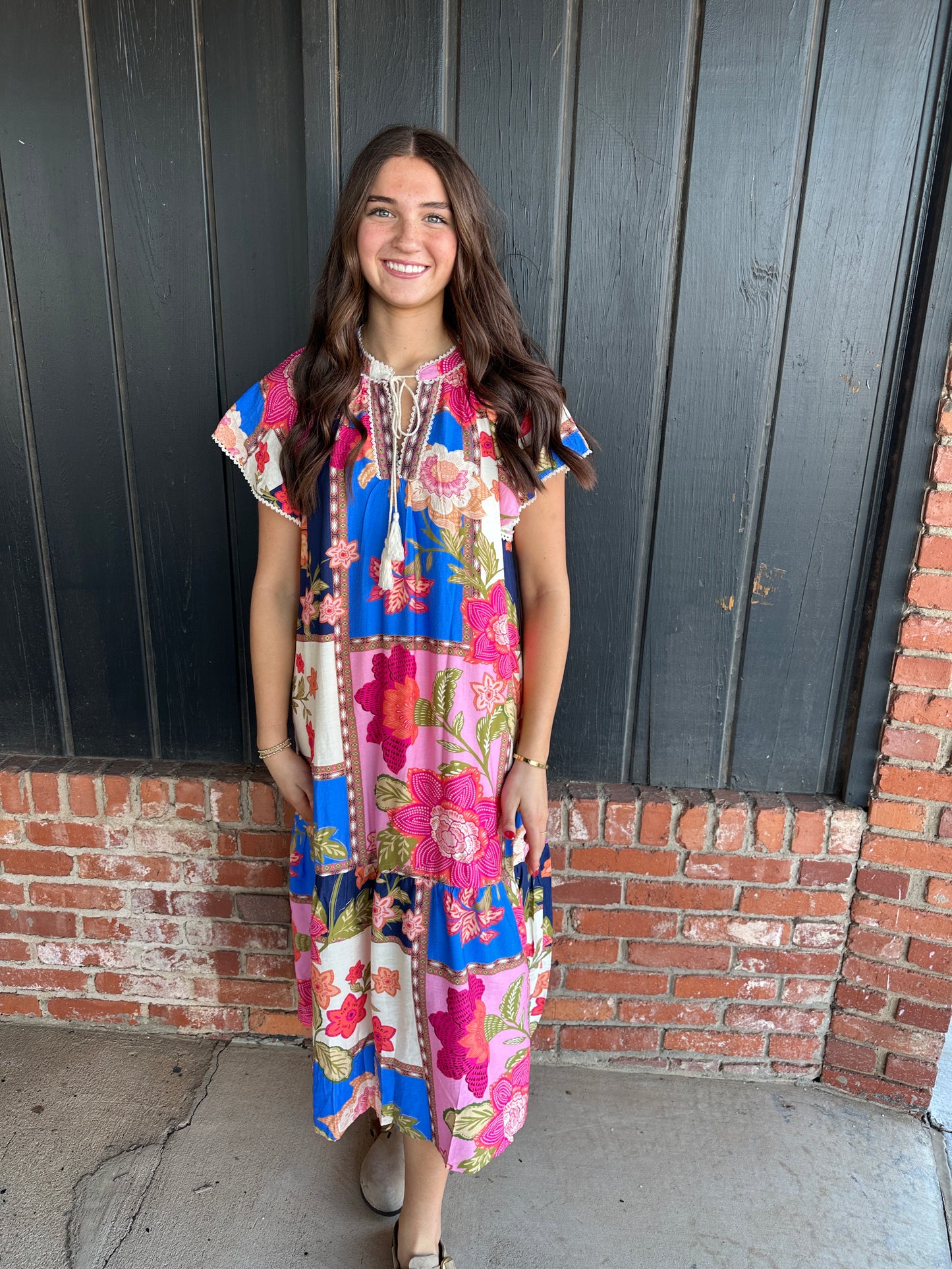 The Mia Blue Mix Patchwork Floral Maxi Dress