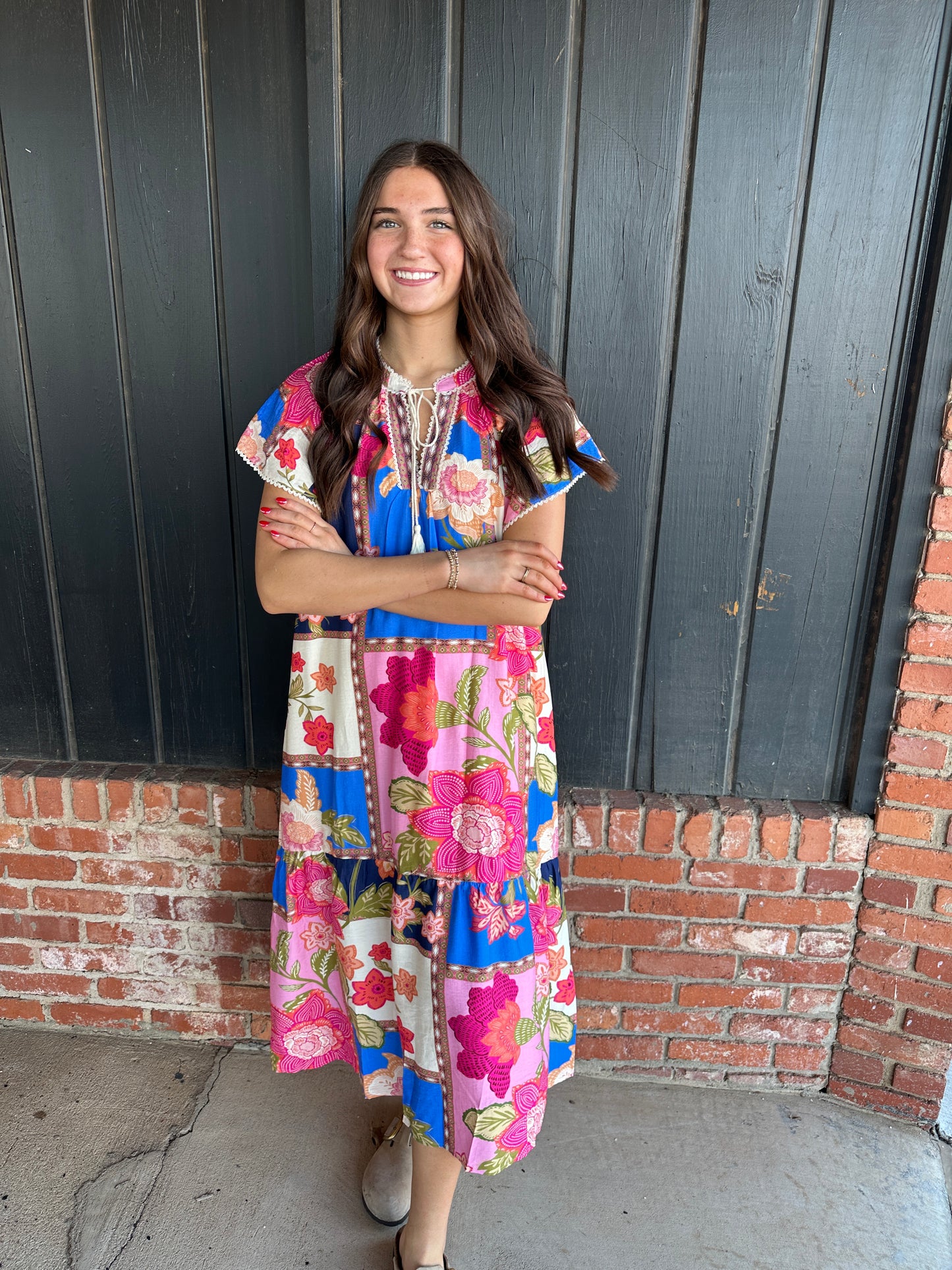 The Mia Blue Mix Patchwork Floral Maxi Dress