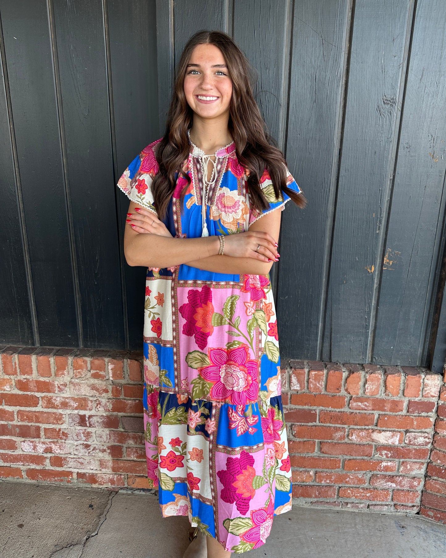 The Mia Blue Mix Patchwork Floral Maxi Dress