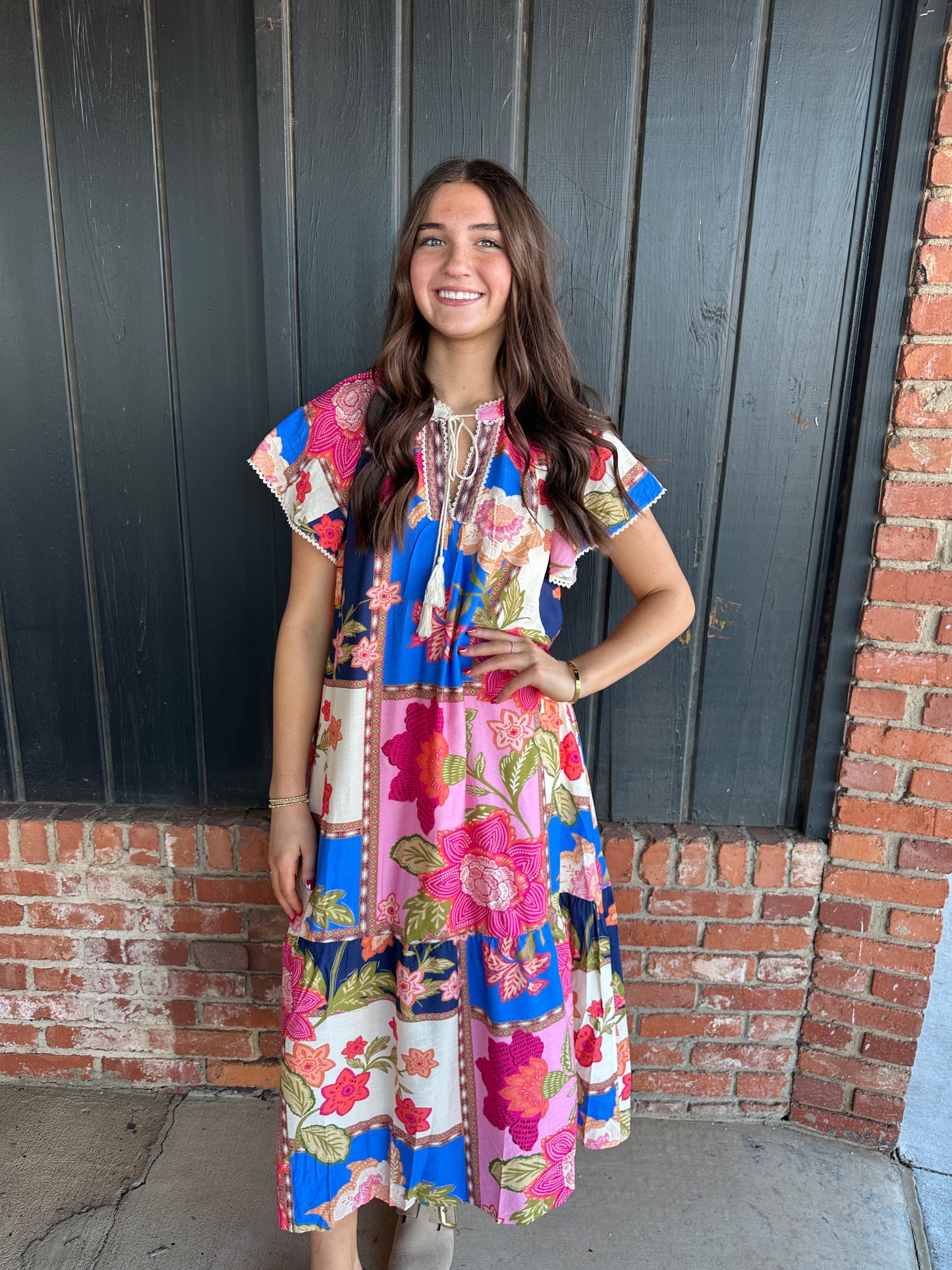 The Mia Blue Mix Patchwork Floral Maxi Dress