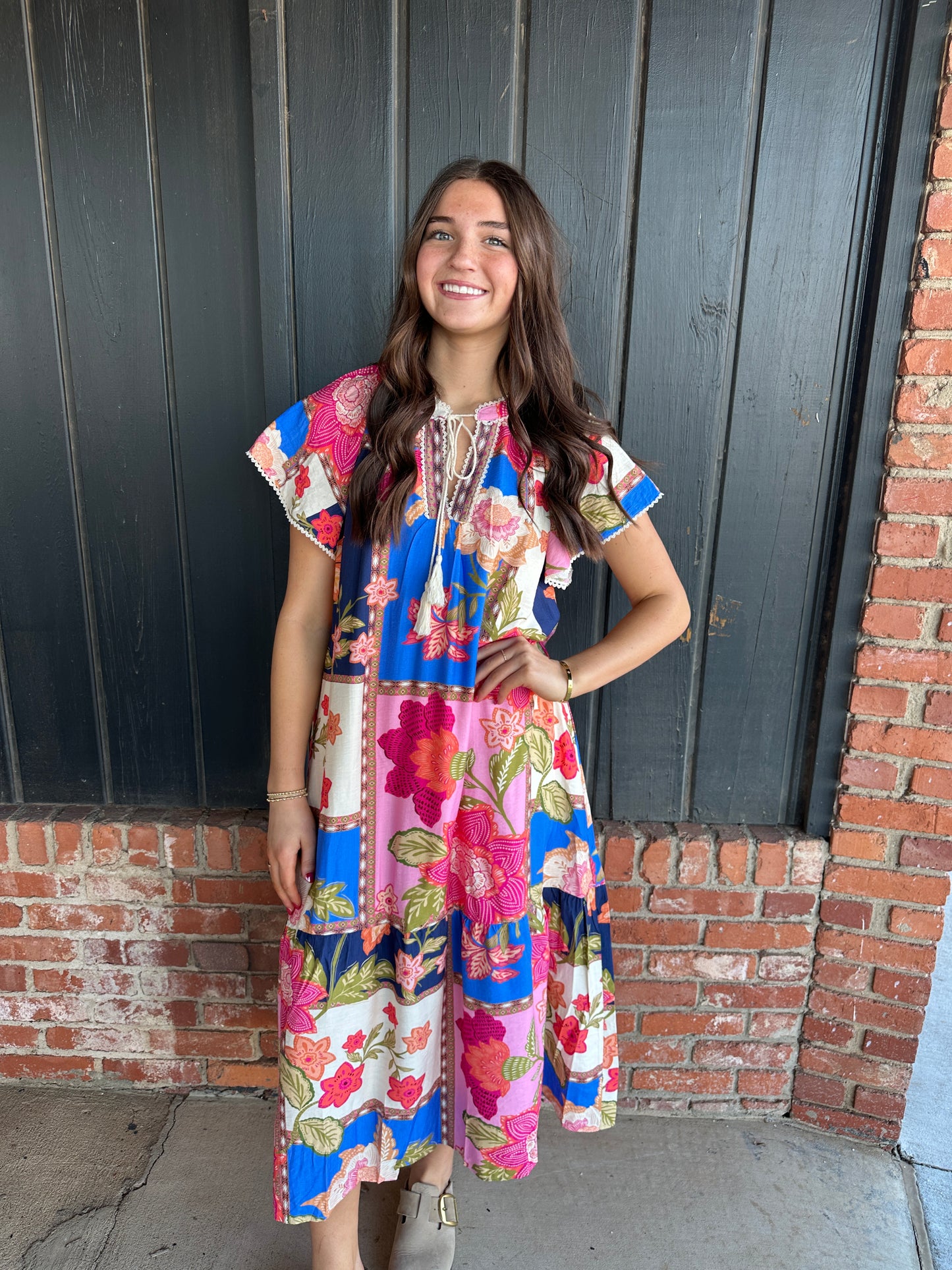 The Mia Blue Mix Patchwork Floral Maxi Dress