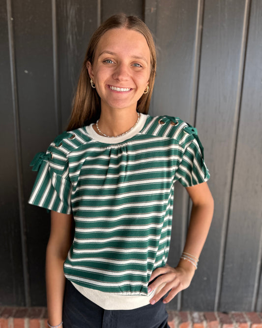 Green Lace Up Grommet Detail Striped Knit Top