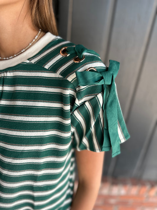 Green Lace Up Grommet Detail Striped Knit Top