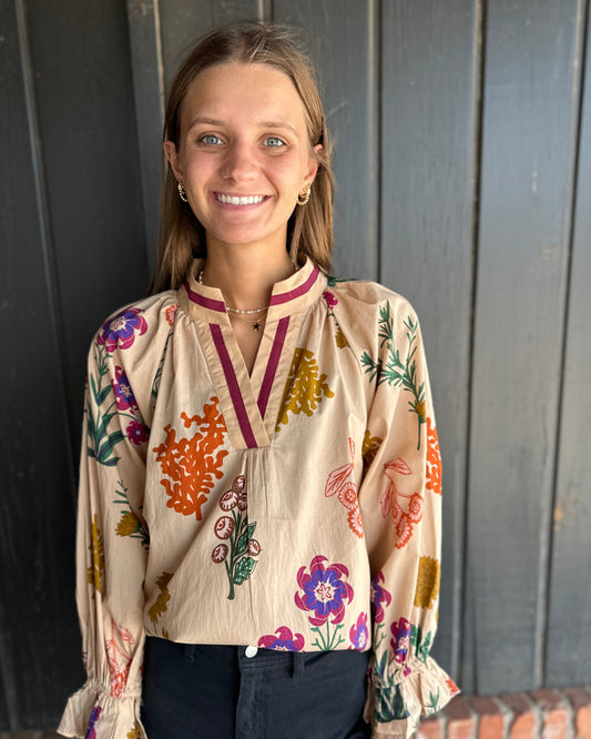 Tan Floral V Neck Top