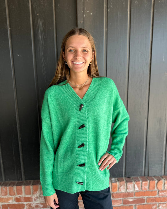 Green Brushed toggle button sweater cardigan