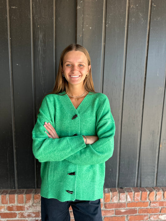 Green Brushed toggle button sweater cardigan