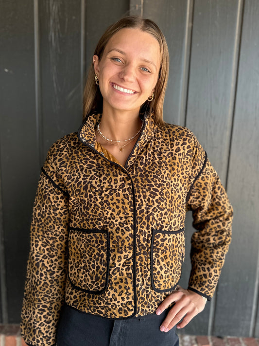 Quilted Leopard Button Down Puffer Jacket