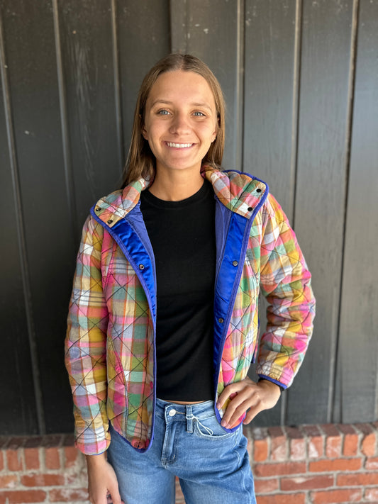Bleached Vintage Plaid Quilted Jacket With Pockets