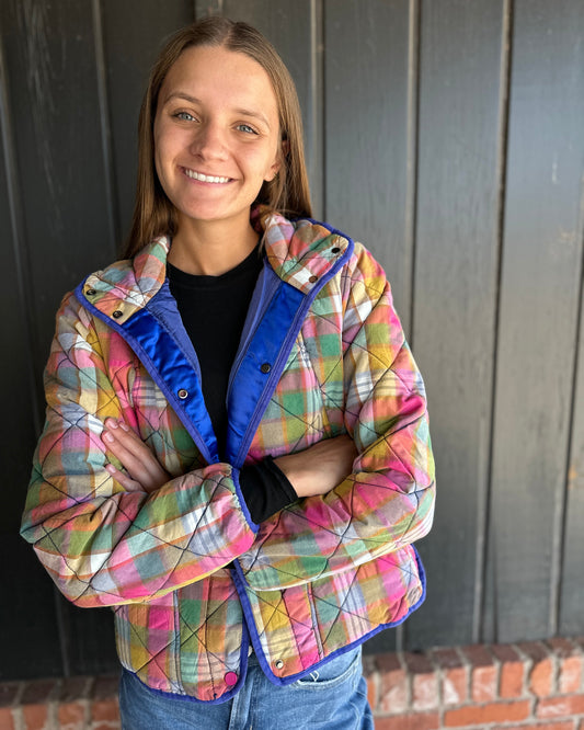 Bleached Vintage Plaid Quilted Jacket With Pockets
