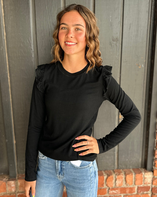 Black Ruffle Detail Knit Top