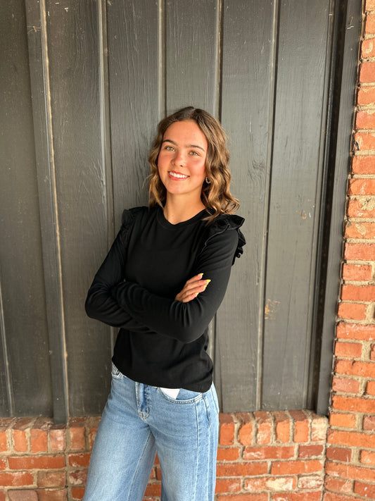 Black Ruffle Detail Knit Top