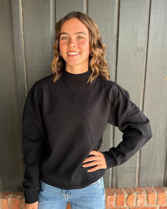 Black Mock Neck Puff Sleeve Sweater