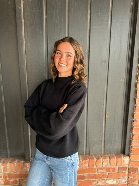 Black Mock Neck Puff Sleeve Sweater