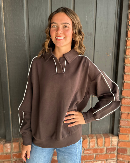 Brown Modal Scuba Piping Quarter Zip Pullover