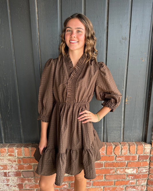 Chocolate Brown Ruffle Trim Babydoll Dress