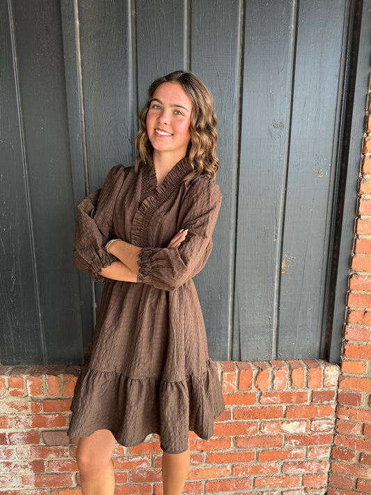 Chocolate Brown Ruffle Trim Babydoll Dress