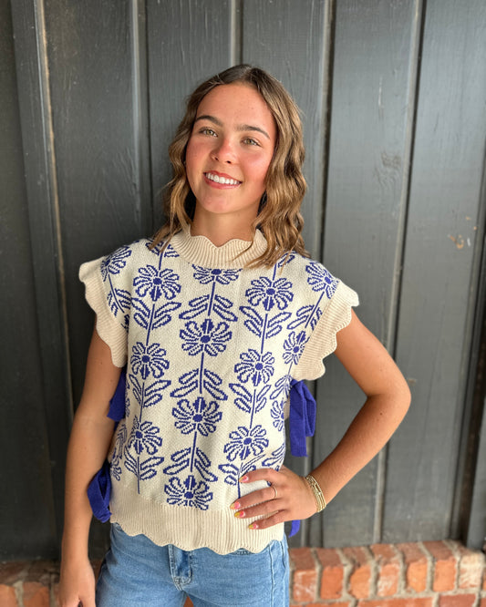 Mock Neck Royal Blue Floral Sweater Vest