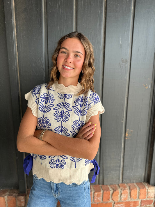 Mock Neck Royal Blue Floral Sweater Vest