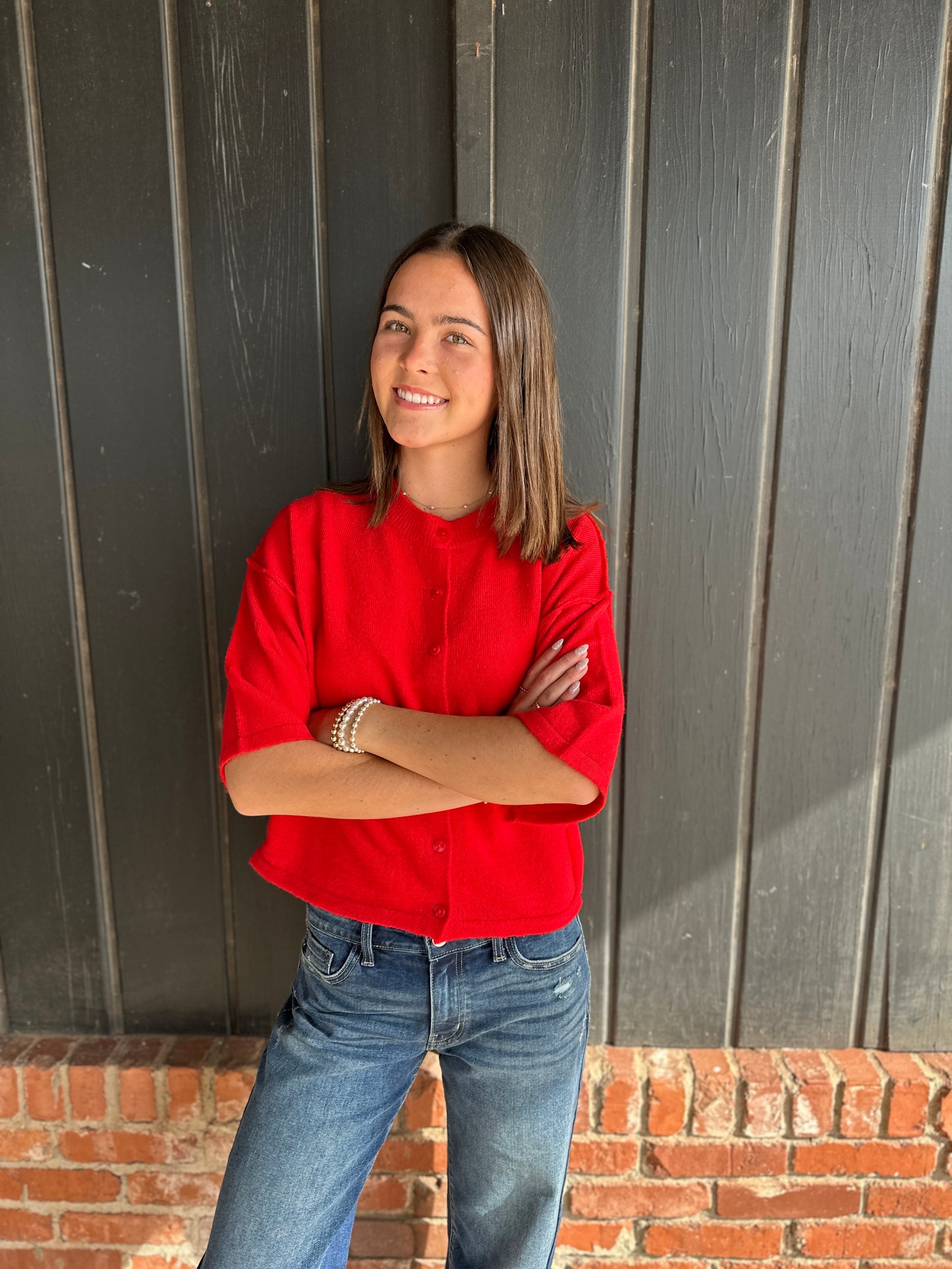 Red Button down crop sweater