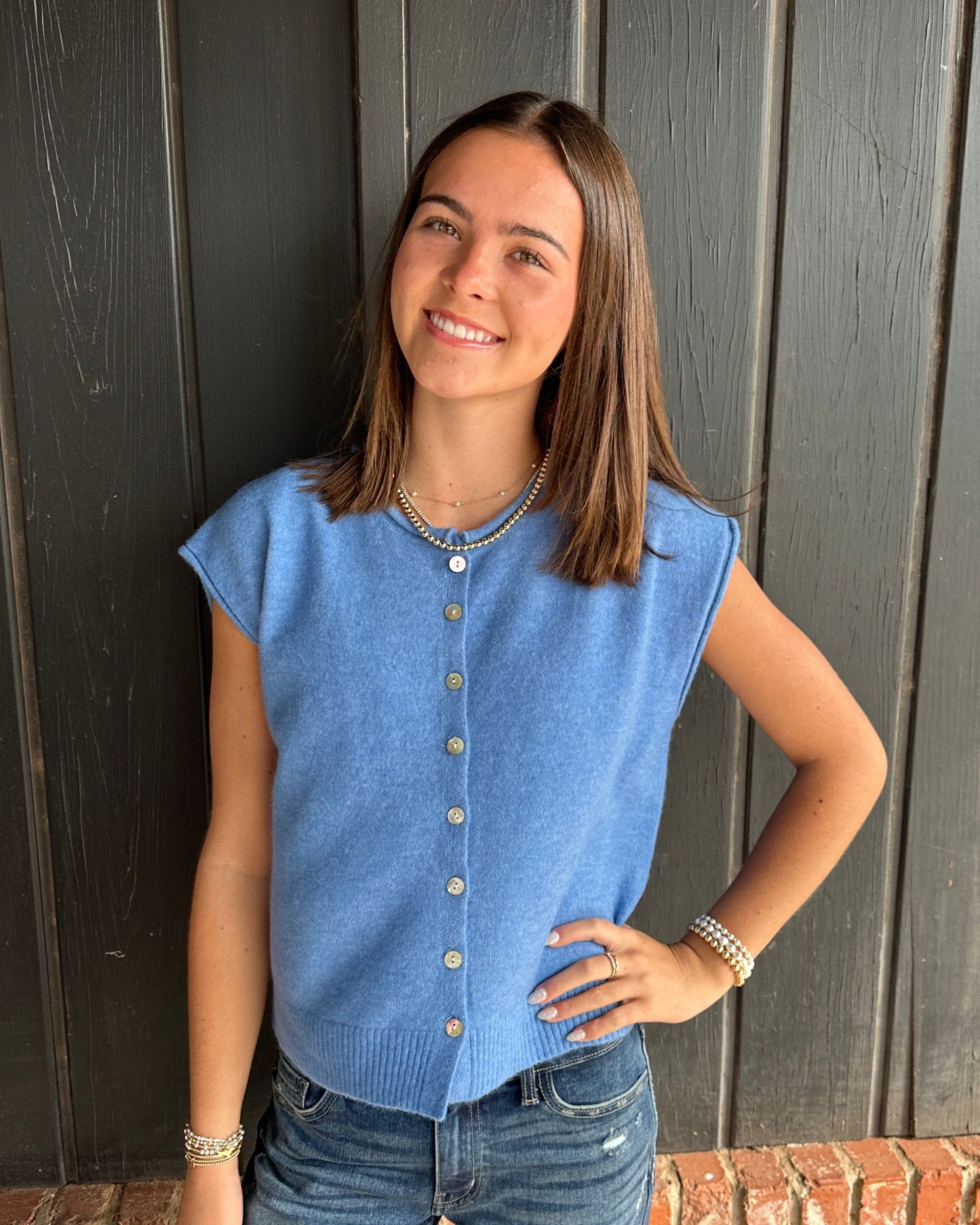 Blue Rolled Edge Button Front Sweater Vest