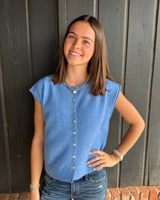 Blue Rolled Edge Button Front Sweater Vest