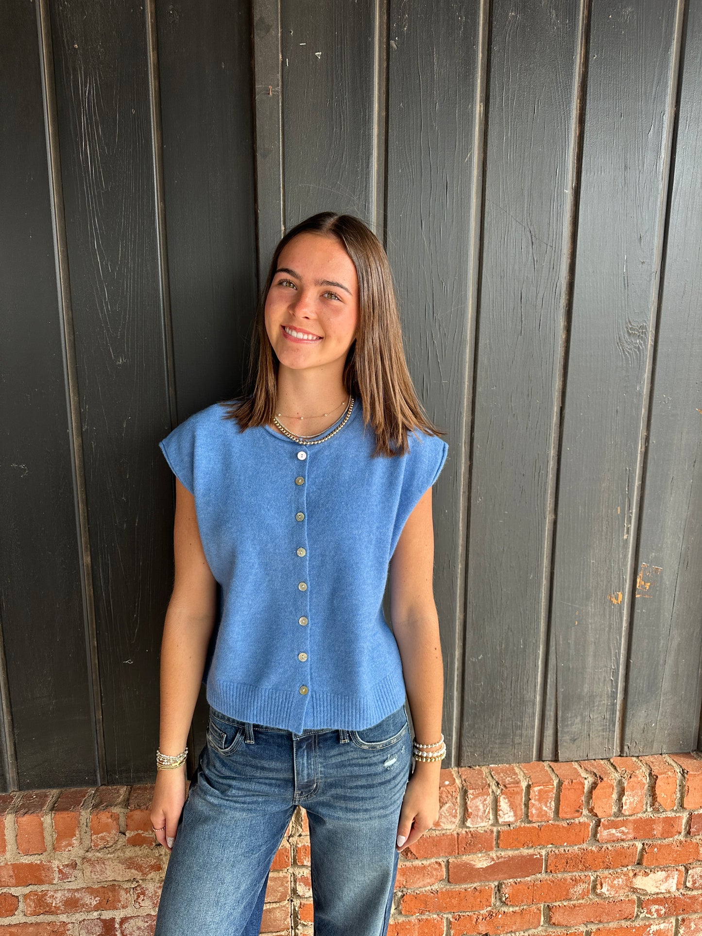 Blue Rolled Edge Button Front Sweater Vest