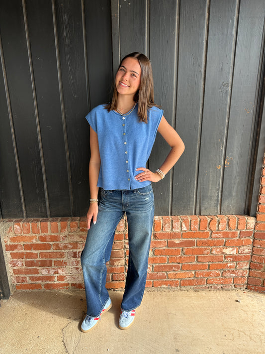 Blue Rolled Edge Button Front Sweater Vest