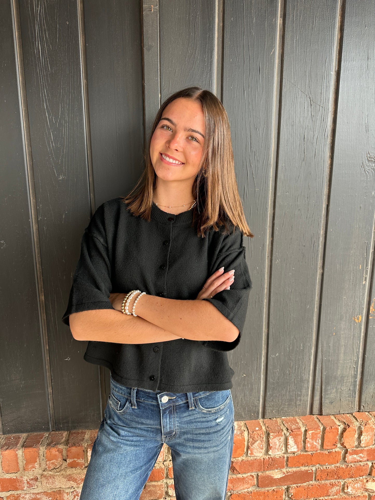 Black button down crop sweater