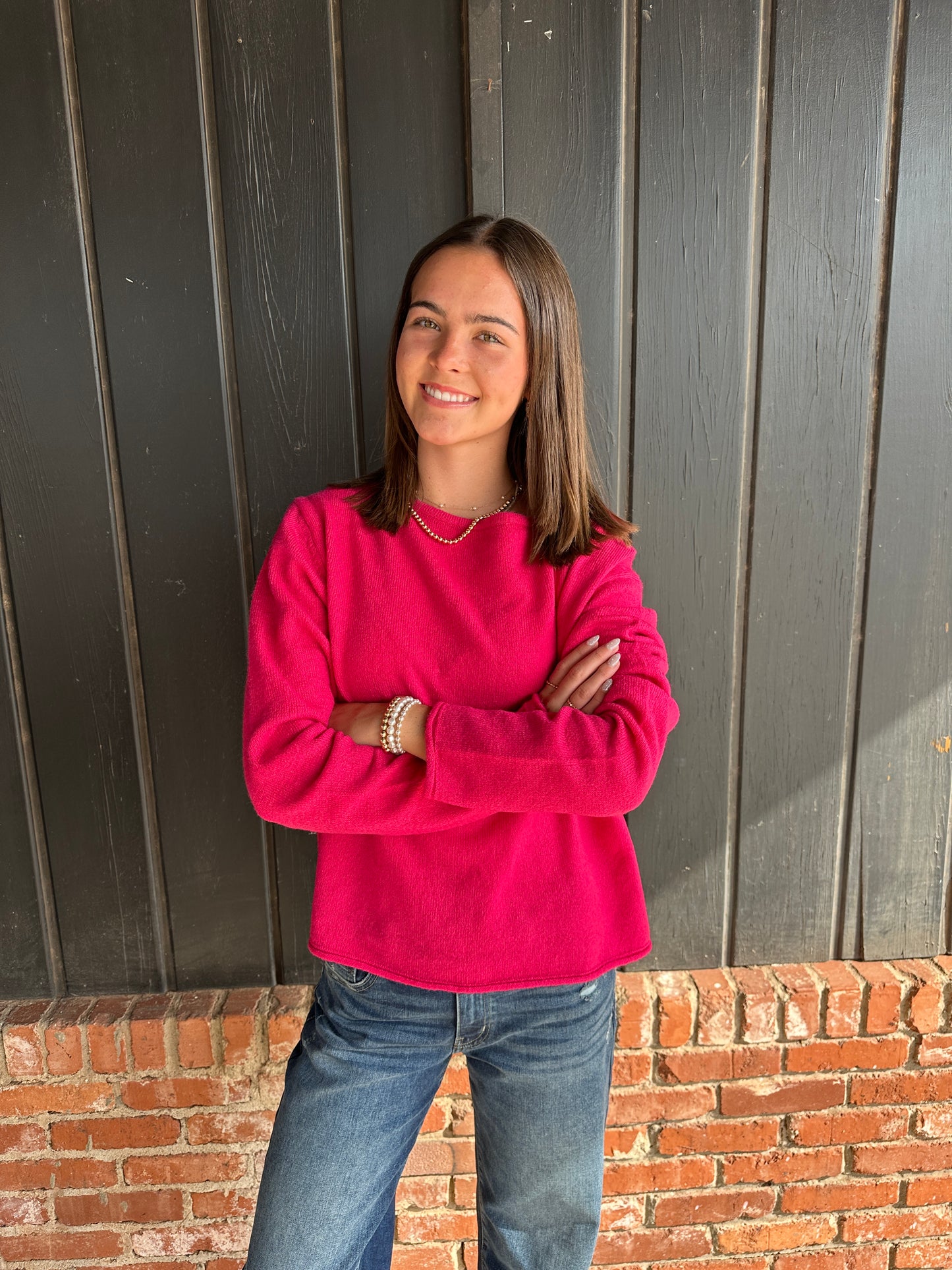 Fuchsia off the shoulder lightweight sweater