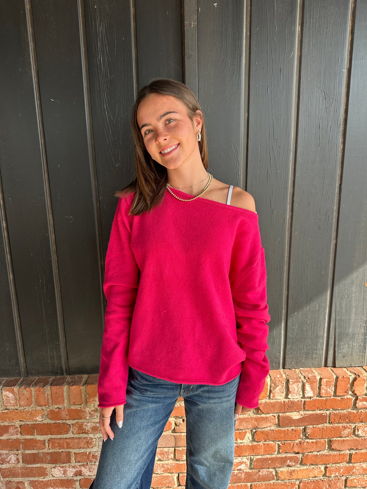 Fuchsia off the shoulder lightweight sweater