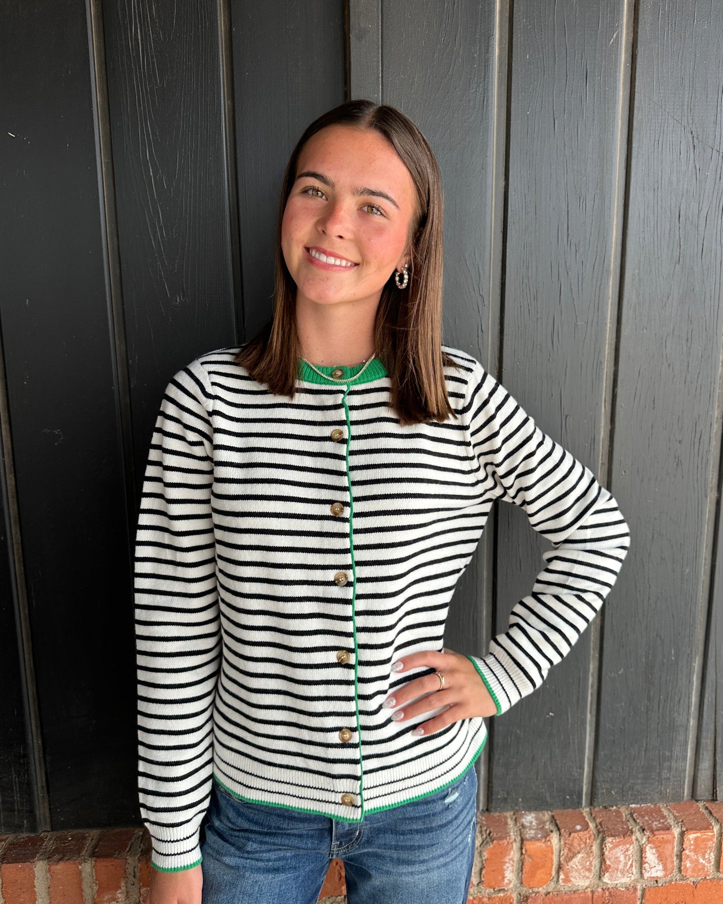 Black and White Cardigan with Green Detail