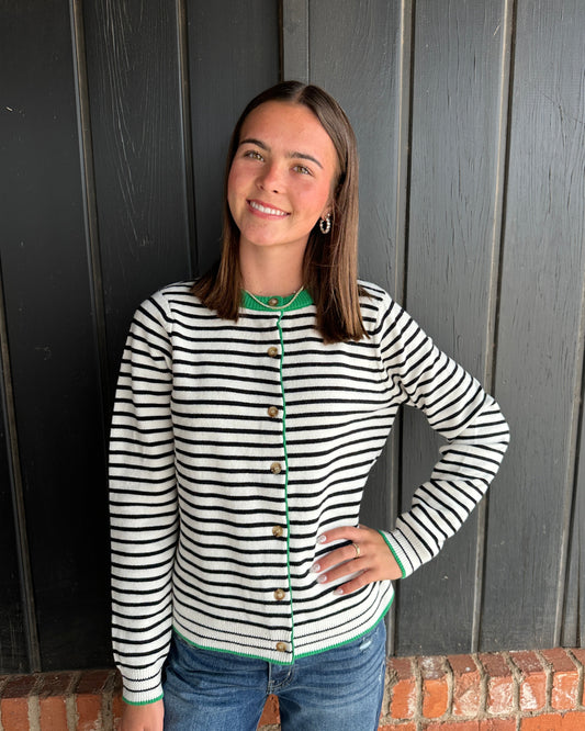 Black and White Cardigan with Green Detail