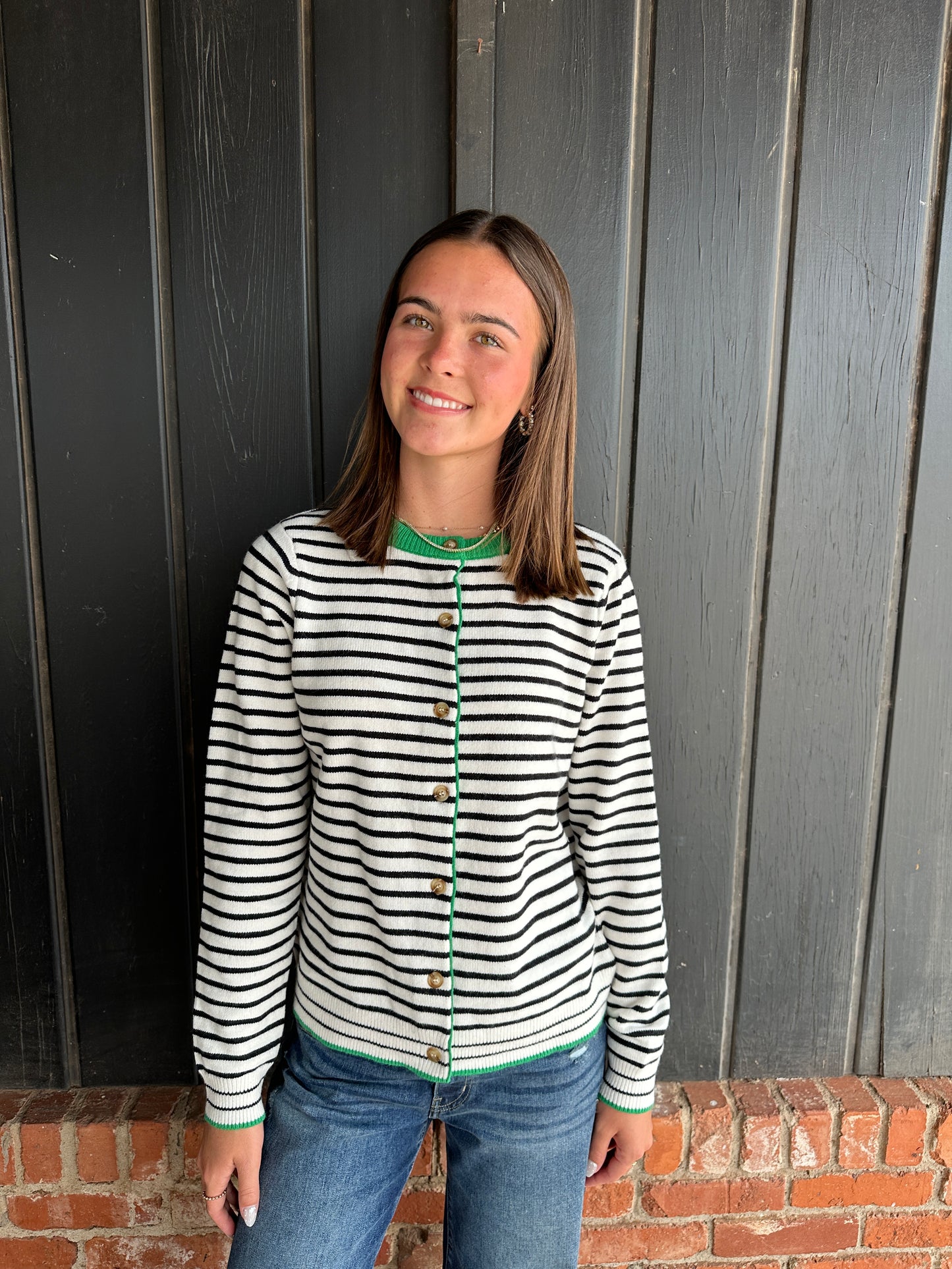 Black and White Cardigan with Green Detail