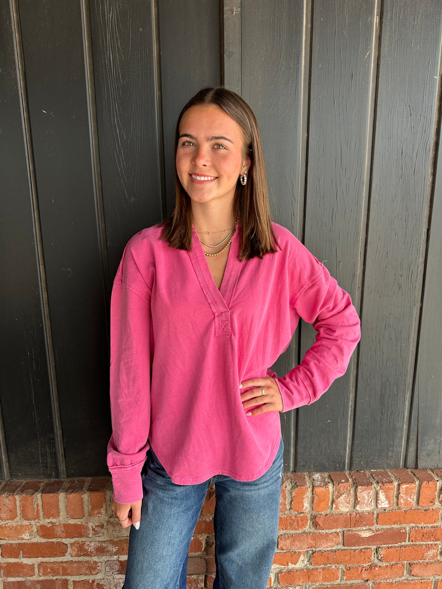 Pink Mineral Washed Polo Collar Long Sleeve Top