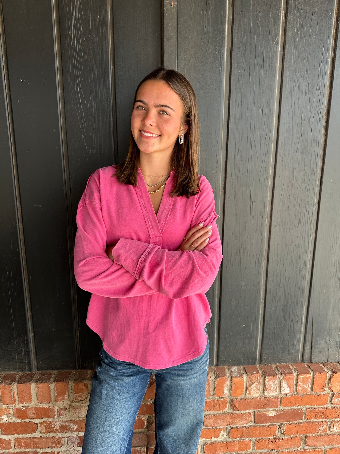 Pink Mineral Washed Polo Collar Long Sleeve Top