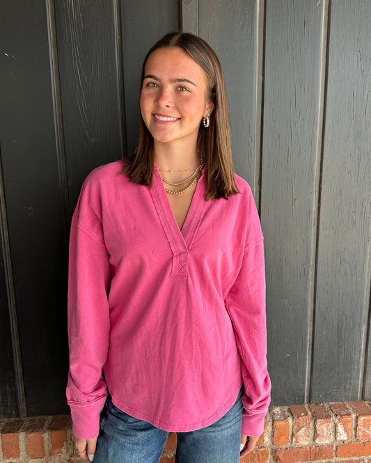 Pink Mineral Washed Polo Collar Long Sleeve Top