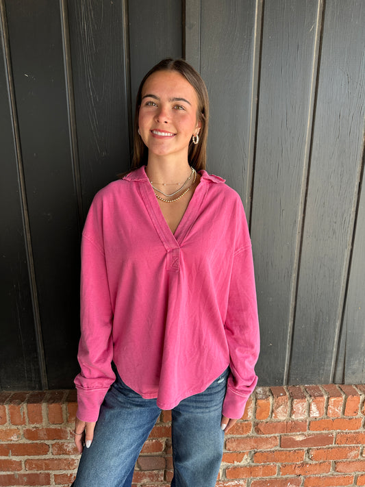 Pink Mineral Washed Polo Collar Long Sleeve Top
