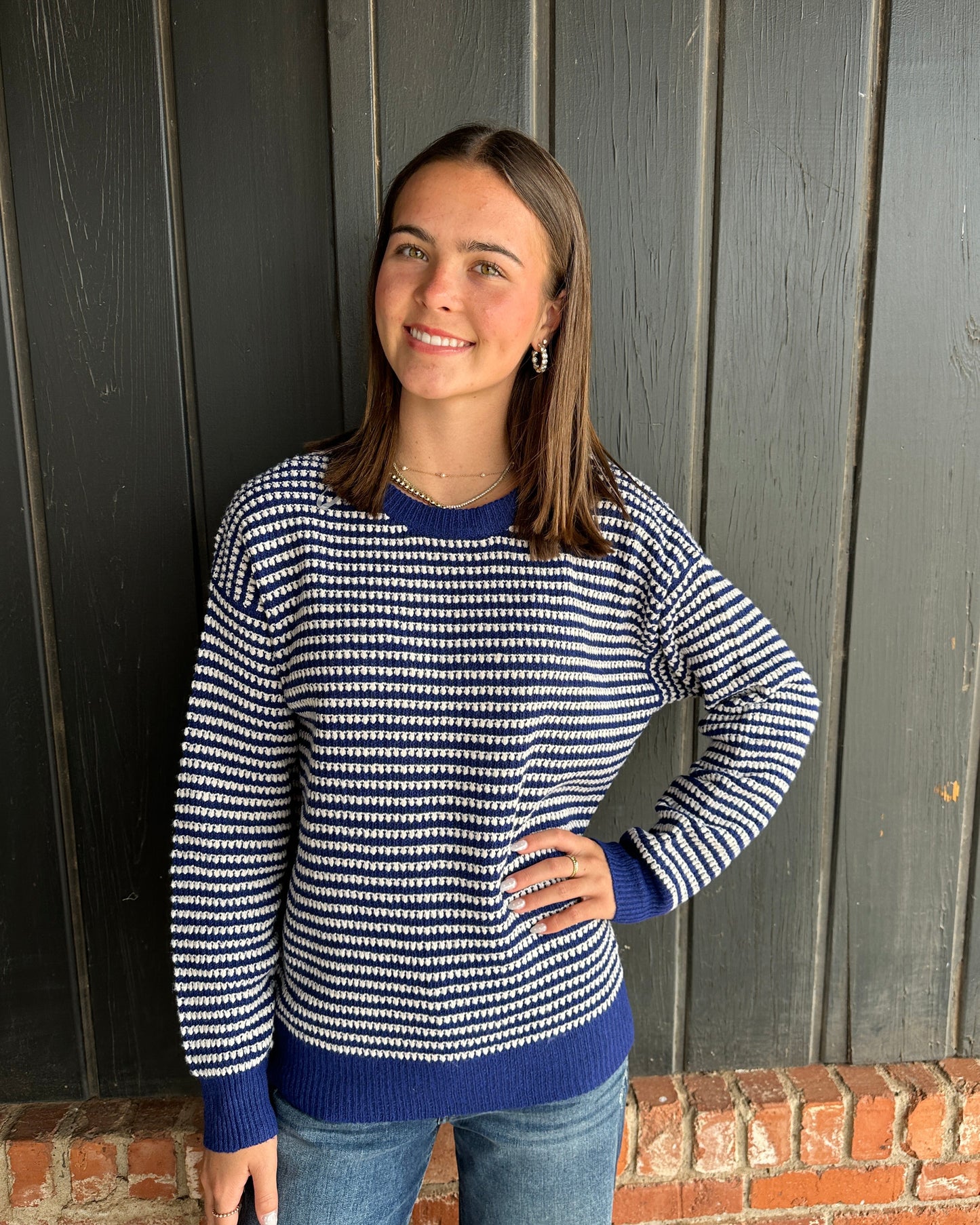 Blue 2 Tone Waffle Striped Pullover Sweater
