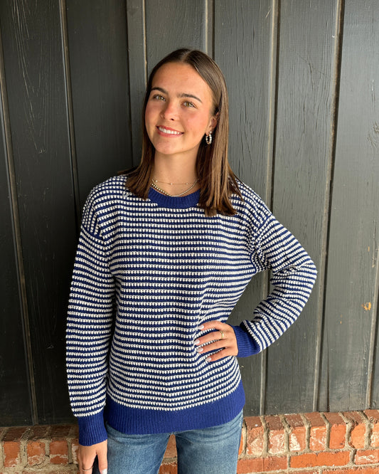 Blue 2 Tone Waffle Striped Pullover Sweater